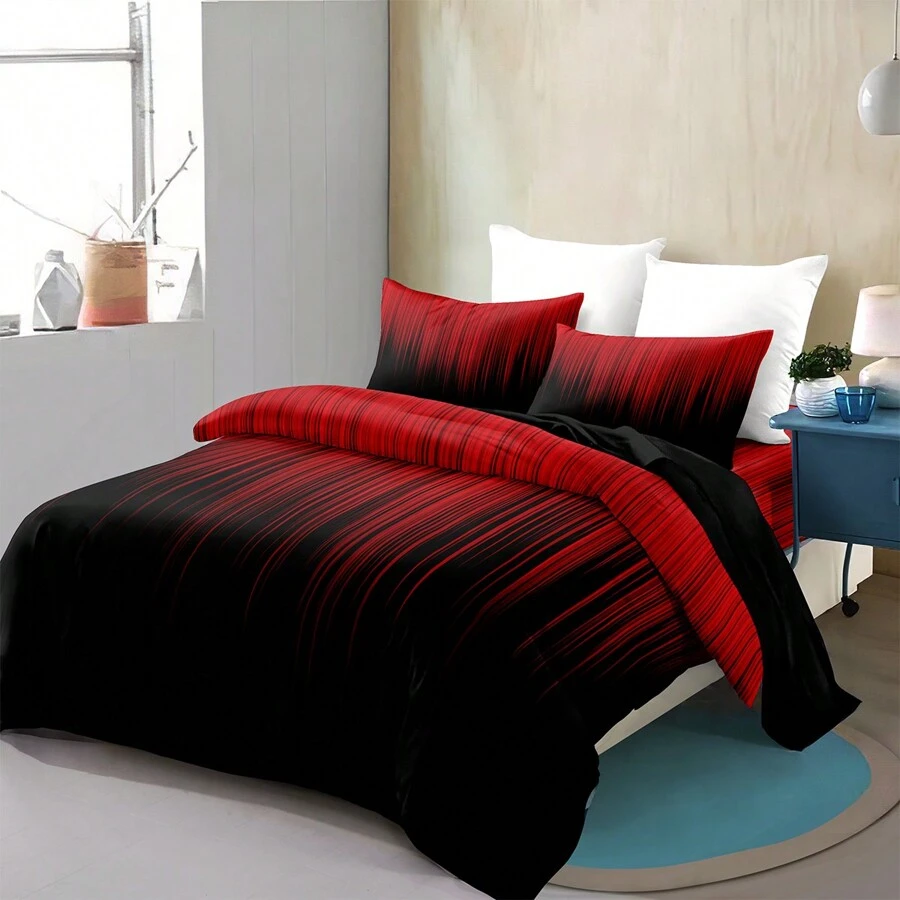 3pcs Red And Black Striped Pattern Duvet Cover Set (1*Duvet Cover + 2*Pillowcases, Without Core), Fashionable Pattern Bedding Room Decoration, Soft And Comfortable Bedding Set - Multicolor - View 1