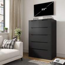 Black Wooden Dresser With 6 Large Drawers, Dressers & Chests Of Drawers With Large Organizer, Tall Dresser With Smooth Metal Rail, Dresser For Bedroom, Easter Decor, Wedding Decor, Home Decor, Room Decor - 黑色 - 查看 9