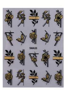 黑金閃粉花葉美甲貼紙2入組，玫瑰蝴蝶花卉印花幾何線條DIY自粘凝膠指甲油貼花滑片沙龍修指甲全息美甲裝飾 - 彩色 - 查看 6