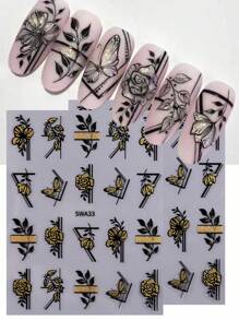 黑金閃粉花葉美甲貼紙2入組，玫瑰蝴蝶花卉印花幾何線條DIY自粘凝膠指甲油貼花滑片沙龍修指甲全息美甲裝飾 - 彩色 - 查看 1