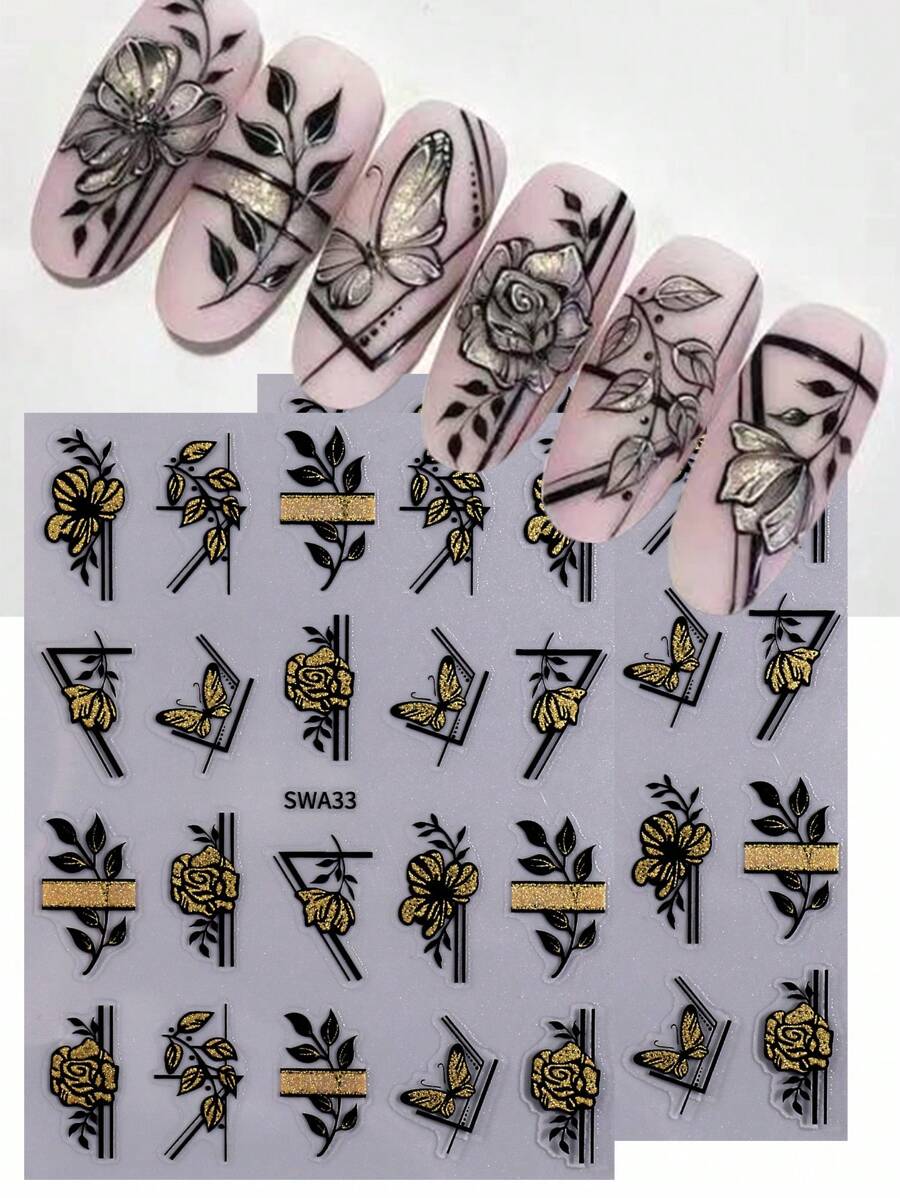 黑金閃粉花葉美甲貼紙2入組，玫瑰蝴蝶花卉印花幾何線條DIY自粘凝膠指甲油貼花滑片沙龍修指甲全息美甲裝飾 - 彩色 - 查看 1