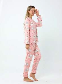 2Pcs Pajamas Sets Women's Thermal Clothing Top And Pants Women's Fleece Pajamas - Pink - View 7