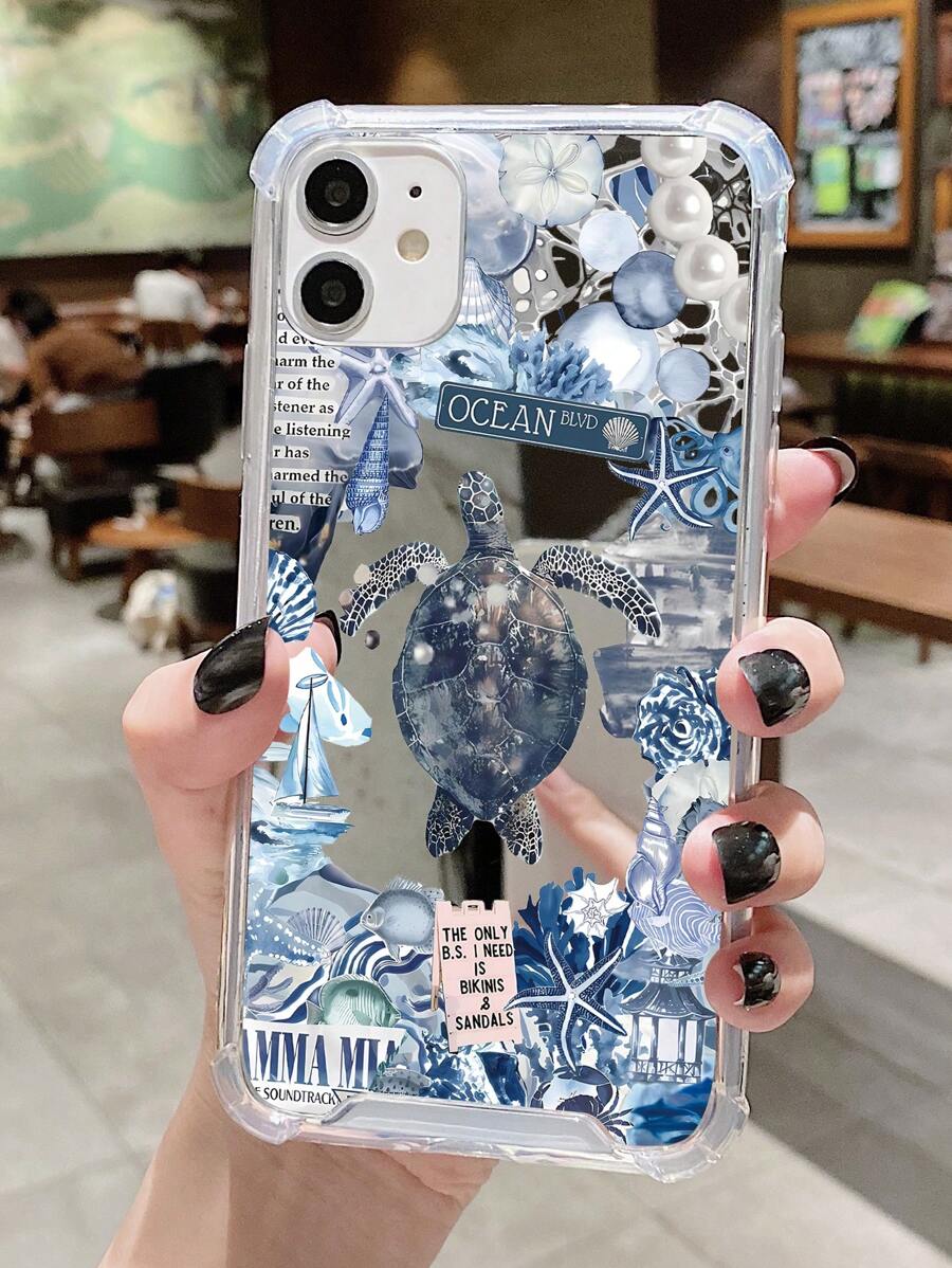1pc Summer Ocean Printed Acrylic Mirror Phone Case Compatible With Apple IPhone - Multicolor - View 1