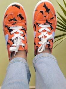 Women's Halloween Elements Printed Lace-Up Flat Comfortable Non-Slip Breathable Casual Sports Shoes