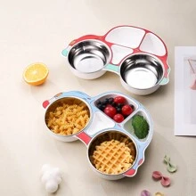 1pc Stainless Steel Cartoon Car Shaped Kids' Food Plate With Dividers For Toddler Feeding