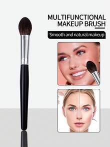 1入高品質木柄平頭腮紅掃，舌狀提亮掃，柔軟化妝定妝掃適用於化妝師 - 黑色 - 查看 3