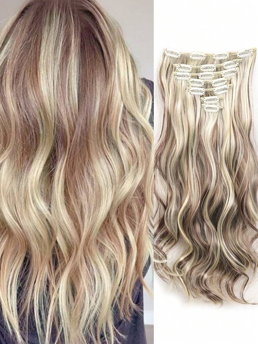 夾式捲髮假髮補充髮型，女性全頭合成髮型，7入組20.24.28.30吋套裝厚夾片式補充髮型，多色可選