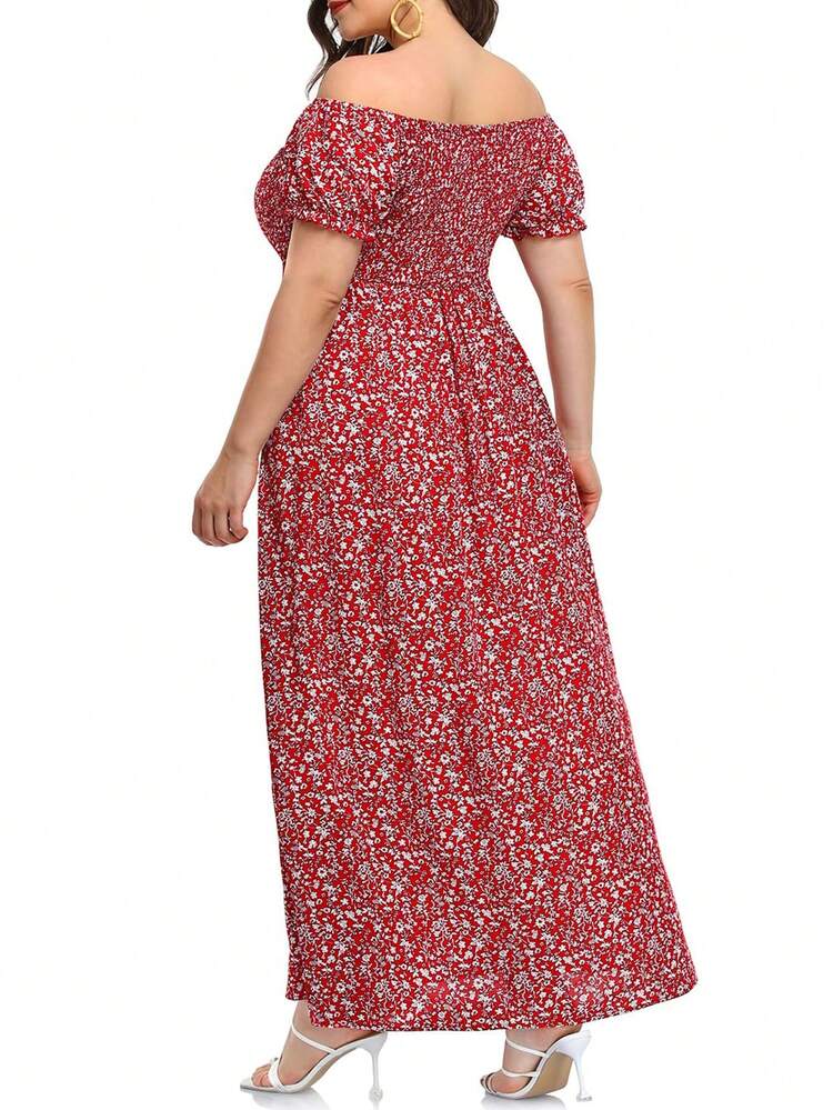 Vestido de Talla Grande para Mujer, Hombros Descubiertos Manga Farol, Bohemio Elegante de Fiesta, Cómodo y Mode - Rojo - Añade 2