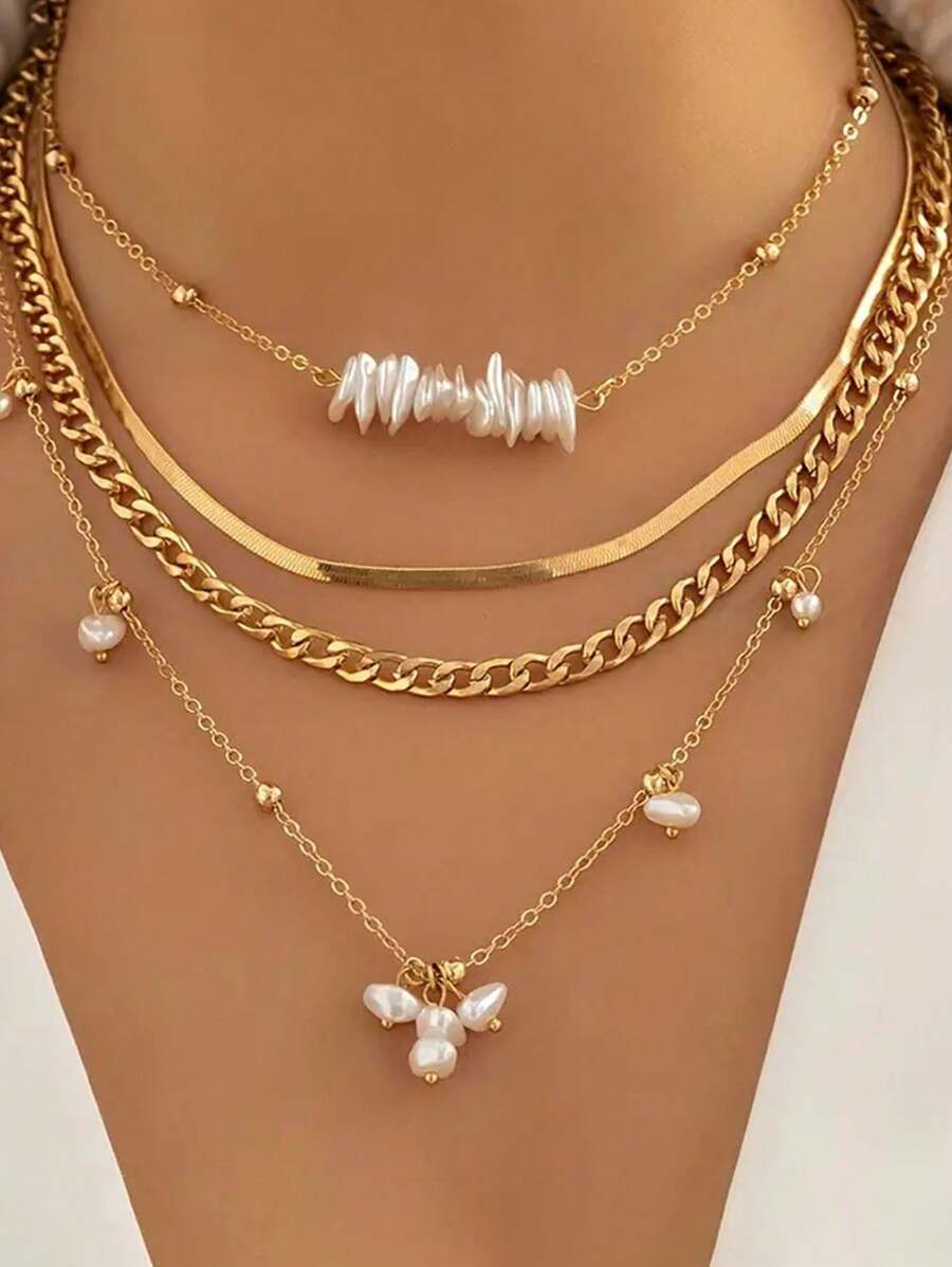 4-Piece Stylish Pearl Beads Chain Necklaces Set - Multi-Purpose, Elegant, And Adaptable Fashion Accessory With Pure White Faux Pearl - Perfect For Everyday Wear Or Special Occasions - one-size - View 1
