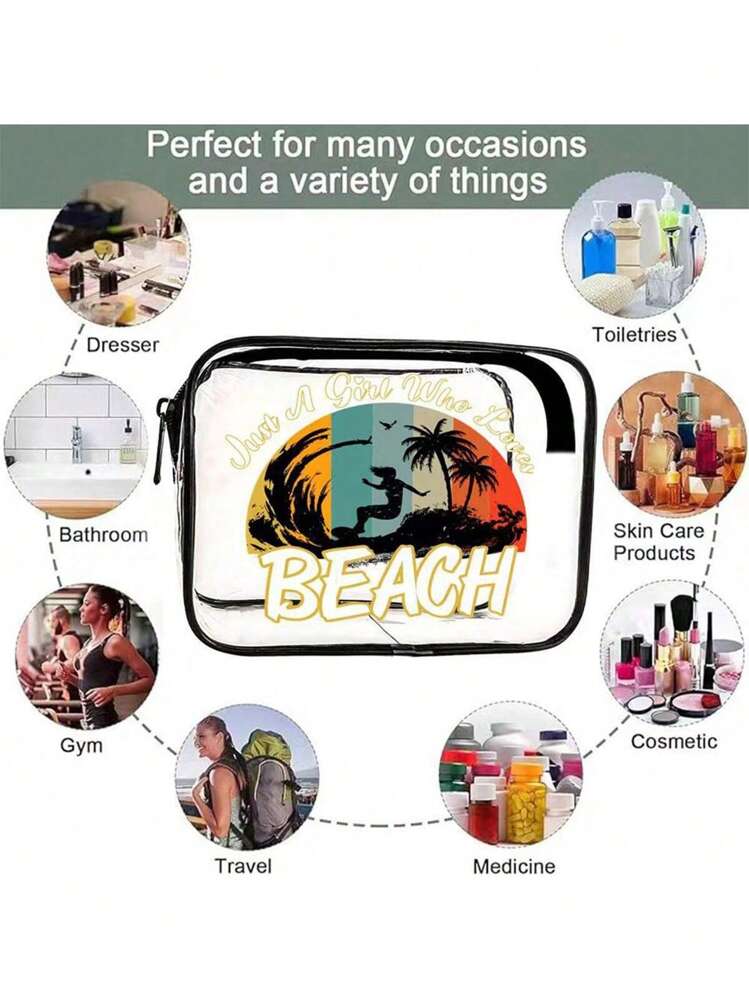 1PC Cartoon Beach Transparent Waterproof Square Makeup Bag, Wash Bag, Plastic Makeup Storage Box, Lightweight And Portable Travel Accessories, PVC Makeup Bag, Outdoor Multifunctional Washing Bag, Cute Print Storage Bag, Multi-Functional Portable Wash Bag - Multicolor - View 3