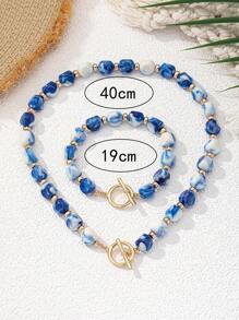 日韩时尚复古波西米亚风陶瓷蓝色不对称石串珠项链颈链，串珠手链适合日常婚礼晚宴海滩派对夏季度假 - 藍色 - 查看 6