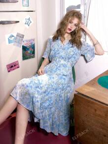 ELFSACK ELFSACK Fairy Pocket French Style V-Neck Ditsy Floral Dress For Women Spring 2024 New Release Waistline Fit Holiday Dress
