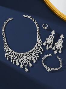 4件套奢华蓝色锆石首饰套装，项链，耳环，戒指，手链，新娘礼服，婚礼，迪拜，中东阿拉伯晚礼服 - 銀色 - 查看 9