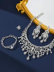 4件套奢华蓝色锆石首饰套装，项链，耳环，戒指，手链，新娘礼服，婚礼，迪拜，中东阿拉伯晚礼服 - 銀色 - 查看 10