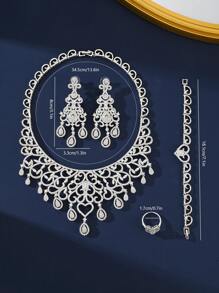 4件套奢华蓝色锆石首饰套装，项链，耳环，戒指，手链，新娘礼服，婚礼，迪拜，中东阿拉伯晚礼服 - 銀色 - 查看 8