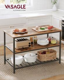 VASAGLE Isla de Cocina con Encimera Grande, Estantería de Cocina de 3 Niveles, Marco de Acero, 60 x 120 x 90 cm, Estilo Industrial, Fácil de Montar, Marrón Rústico y Negro/Greige y Negro/ Roble Blanco
