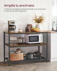 VASAGLE Isla de Cocina con Encimera Grande, Estantería de Cocina de 3 Niveles, Marco de Acero, 60 x 120 x 90 cm, Estilo Industrial, Fácil de Montar, Marrón Rústico y Negro/Greige y Negro/ Roble Blanco