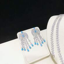 Conjunto de joyería de 5 piezas de turquesa de alta gama para mujeres, que incluye collar, pulsera, anillo y pendientes con flecos de turquesa, adecuado para fiestas y vestidos de noche, realizado en cobre chapado con circonita AAA, piedras de turquesa natural de calidad premium, para el verano