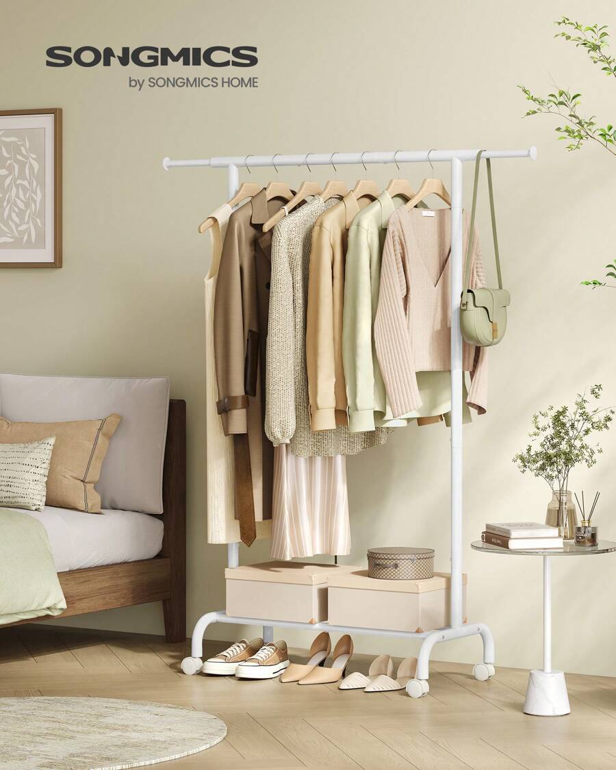 SONGMICS Burro para Ropa, Tendedero, Perchero, Barra Colgante Extensible, Almacenamiento de Ropa con Ruedas, 45 kg Carga Máx., 40 x (83-112) x 156 cm, Blanco Nube - Blanco - Ver 1