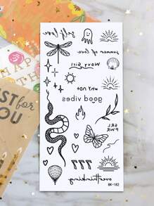 1張大尺寸身體藝術暫時性紋身貼紙，適用於女性或男性，黑色簡單線條蛇蝴蝶貝殼太陽葉子圖案，還有英文波浪女孩，為什麼不，自我愛，好的氛圍，女子力等文本圖案，適用於指尖大小可愛的街頭風格，防水假紋身，可持續2-5天，遮蓋疤痕，可用於手臂、手腕、肩膀、腿、腰、頸部、手、胸部、大腿、手指、腳踝，適用於派對、禮物、度假、身體裝飾 - 黑色 - 查看 8