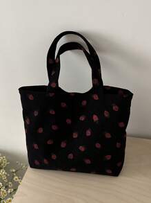 时尚草莓印花手提包，容量大，百搭，灯芯绒材质，单肩女包，时尚可爱草莓钱包 - 黑色 - 查看 11