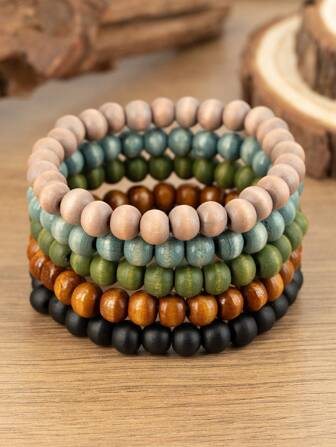 5入組波西米亞風格多層天然木珠手鏈，男性日常佩戴