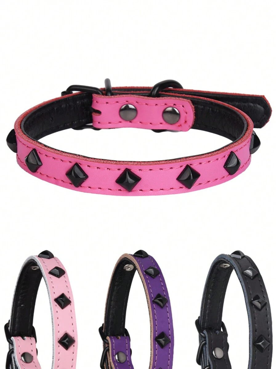 CP616 Super Cool Bite-Resistant Leather Pet Collar With Row Of Rivets, Dog Collar - Black - View 1