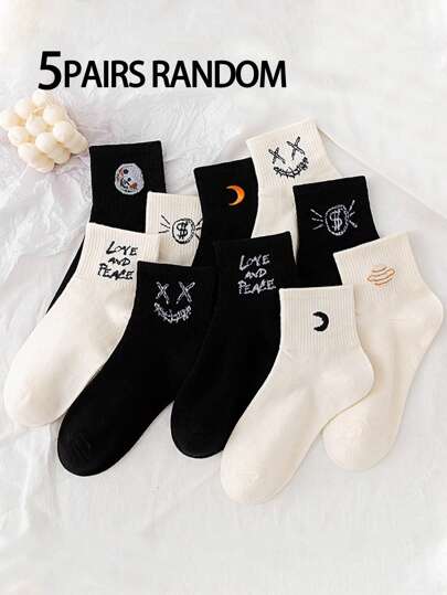 5 双女士随机月亮涂鸦鬼脸柔软吸湿排汗时尚中筒袜适合任何鞋型，万圣节