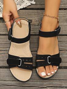 Dép thông thường Peep-Toe có kích thước cộng mới, Giày móc và vòng ngoài trời theo phong cách La Mã nóng bỏng dành cho nữ - màu đen - Xem 5