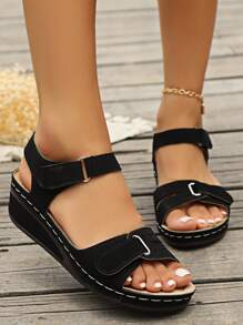 Dép thông thường Peep-Toe có kích thước cộng mới, Giày móc và vòng ngoài trời theo phong cách La Mã nóng bỏng dành cho nữ - màu đen - Xem 2