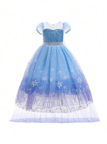 小女孩蓝色渐变亮片网眼公主裙，带可拆卸裙裾，适合派对