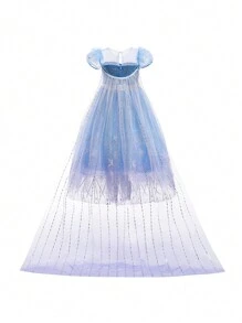 小女孩蓝色渐变亮片网眼公主裙，带可拆卸裙裾，适合派对
