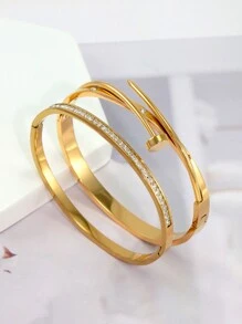 1 pièce Bracelet jonc en acier inoxydable pour bijoux raffiné, élégant et , orné de strass, convient pour un port quotidien pour femmes, une fête d'anniversaire, une réunion ou un cadeau de mariage - Doré - Voir 1