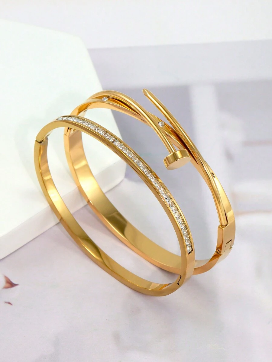 1 pièce Bracelet jonc en acier inoxydable pour bijoux raffiné, élégant et , orné de strass, convient pour un port quotidien pour femmes, une fête d'anniversaire, une réunion ou un cadeau de mariage - Doré - Voir 1