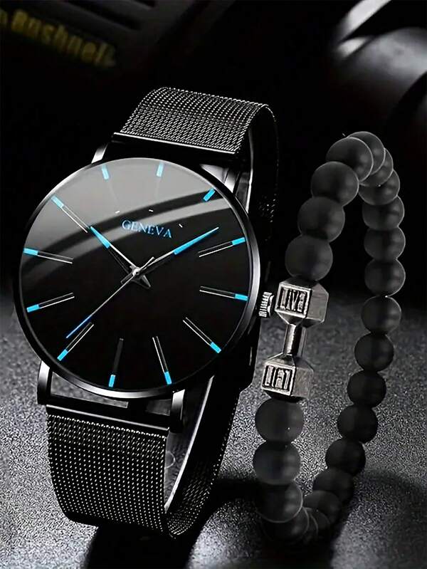 Vintage Style Sports Boy's Quartz Watch And Dumbbell Bracelet Set, 2pcs