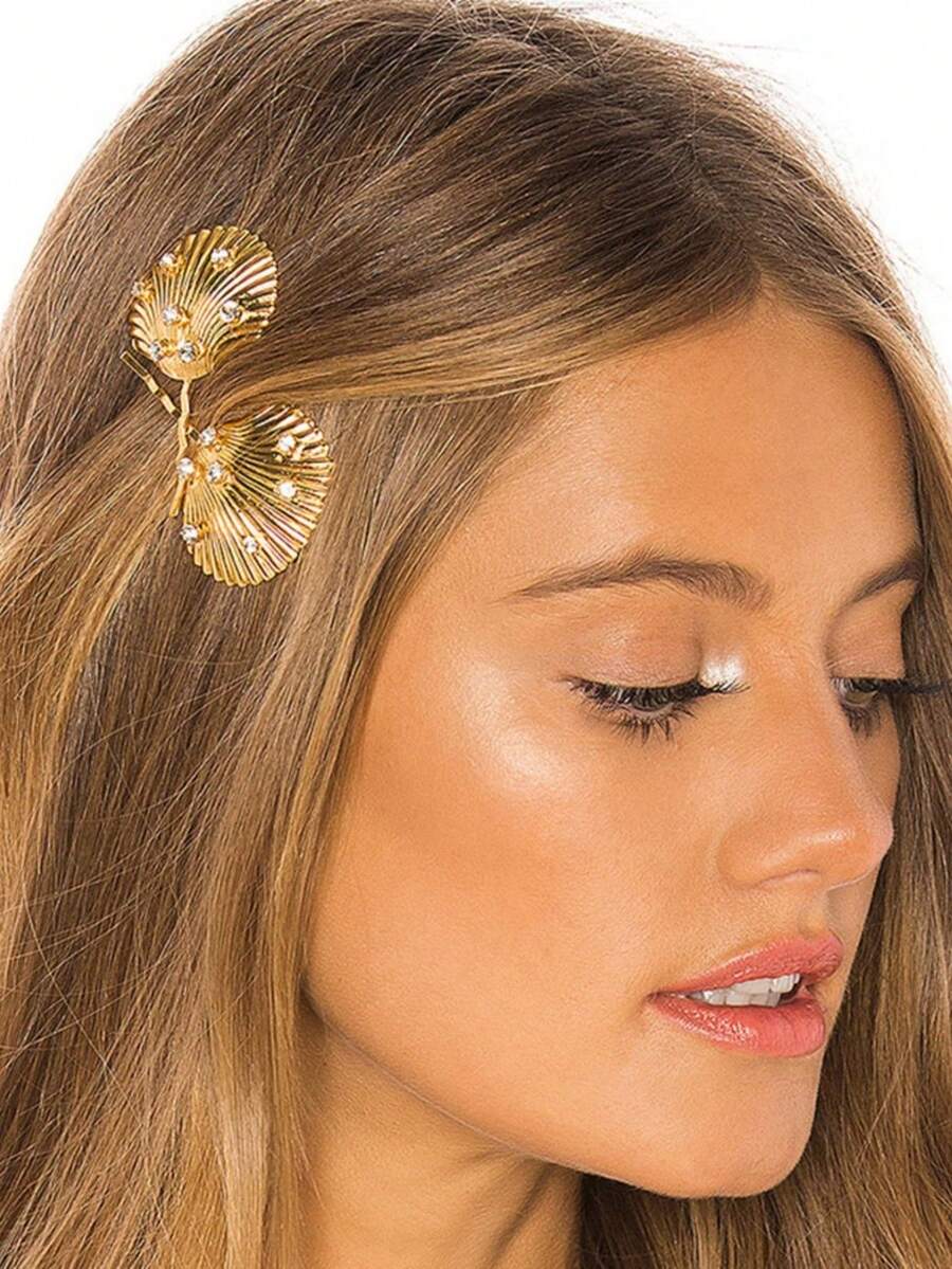 2pcs Simple Ocean-Themed Hair Accessories, Alloy Minimalist Shell Rhinestone Hair Clips, Bangs Clip Halloween - Gold - View 1