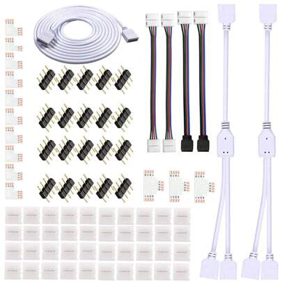 4腳LED燈條連接器套件適用於5050寬10mm燈帶，含有8種非焊接附件(共80件)，包括RGB延長線，LED跳線，雙向RGB分接線，L形連接器，T形連接器，無縫連接器，4腳公頭連接器，LED燈帶夾，提供DIY照明項目所需的大部分零件