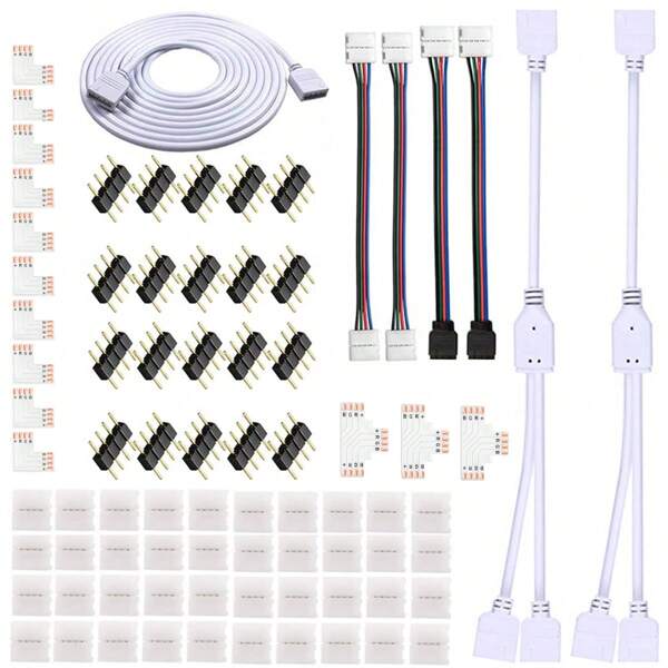 4-Pin LED Lichtstreifen Verbinder-Kit für 5050 10mm Breite Lichtstreifen, beinhaltet 8 Arten von lötfreiem Zubehör (insgesamt 80 Stücke), RGB Verlängerungskabel, LED Jumper, bidirektionale RGB Splitter Kabel, L-Verbinder, T-Verbinder, nahtloser Verbinder, 4-Pin männlicher Verbinder, LED Streifen Klemme, bieten die meisten Teile für DIY Beleuchtungsprojekte