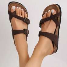 Women's Flat Retro Style Casual Sandals,Toe Ring Cross Strap Cork Sandals,With Adjustable Buckle Summer Sandals - 棕色 - 查看 3