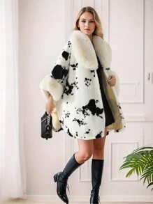 1 Peça Poncho de Outono/Inverno, Tecido de Poliéster, Casaco Folgado Grosso e Longo com Gola Cowl Oversized, Estampa de Vaca, Zebra, Impressão de Pele de Leopardo Falsa