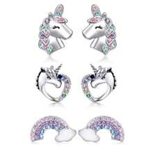 2/6 piezas Pendientes de presión con forma de corazón y unicornio de acero inoxidable 316L para mujeres y niñas, aretes con tachuelas de circonita cúbica hipoalergénica arcoíris, aptos para uso diario y fiestas