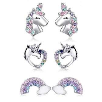 2/6Pcs 316L Stainless Steel Cute Heart-Shaped Unicorn Stud Earrings For Women Girls,Hypoallergenic CZ Rainbow Earring Studs Suitable For Daily Party Wear