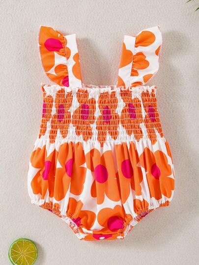 Newborn Baby Girl Ruched Strap Bodysuit, Cute Sunflower Pleated Bodysuit With Flutter Sleeves, Casual