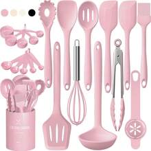 22Pcs Silicone Cooking Utensils Set, Heat Resistant Silicone Kitchen Spatulas Set With Holder, Cooking Gadgets Tools Set For Cookware, Dishwasher Safe(Pink) - Pink - View 1