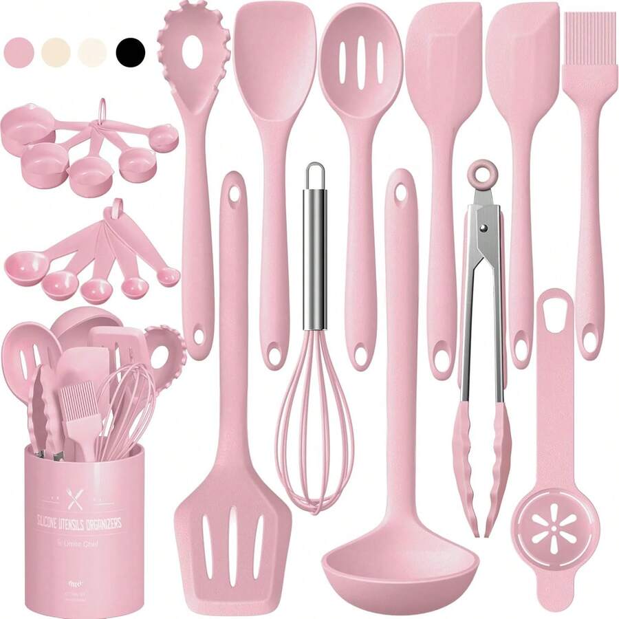 22Pcs Silicone Cooking Utensils Set, Heat Resistant Silicone Kitchen Spatulas Set With Holder, Cooking Gadgets Tools Set For Cookware, Dishwasher Safe(Pink) - Pink - View 1
