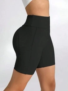 Shorts bermuda fitness com BOLSO cintura alta para academia ciclismo ginastica e atividade ar livre - Preto - Visão 3
