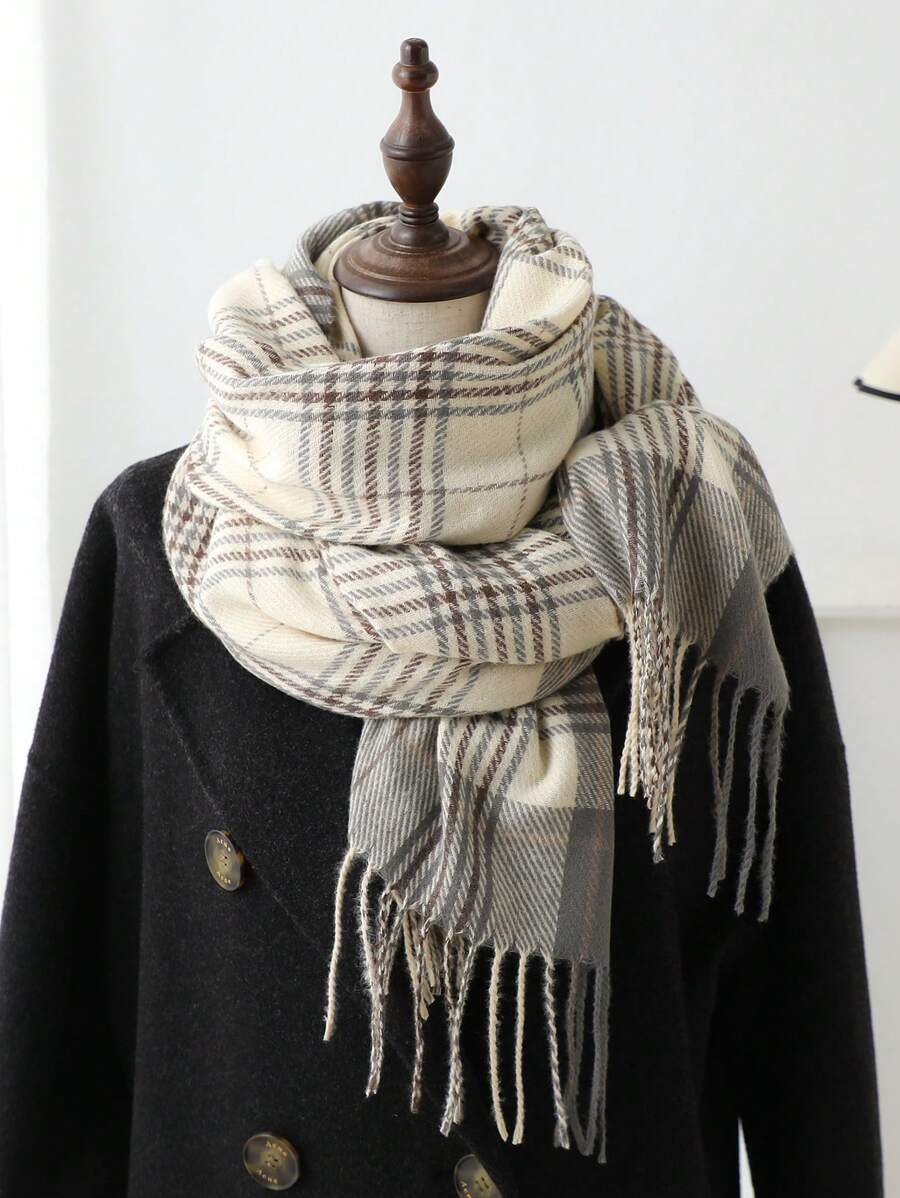 1 件女士冬季新款头巾仿羊绒格子条纹女士围巾，简约时尚流苏环围巾保暖披肩毯男女通用防寒，适合日常旅行、休闲穿着 - 灰色 - 查看 1