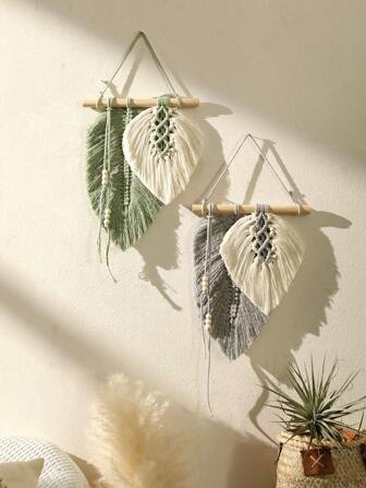 1/2pcs Bohemian Style Handmade Tassel Braided Wall Art Leaves Tapestry Wall Decoration, Perfect For Kindergarten, Living Room, Or Bedroom Background,Home Decor ,Room Decor,Wall Decor Gifts Birthday Graduation
