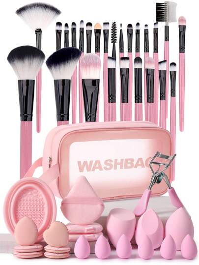 46pcs Professional Makeup Tool Set For Beginners, Including 25 Makeup Brushes With Powder Brush, Blush Brush, Highlight Brush, Eyeshadow Brush, Eyelash Brush, Eyeliner Brush, Contour Brush And Other Detail Brushes, As Well As 3 Makeup Sponge Suitable For Liquid Cosmetics And Mixing, And 3 Triangular Sponges For Powder Puffs Used For Loose Powder And Soft Touch For Face. 6 Finger Puffs Used For Concealer Makeup For Face, 6 Mini Makeup Sponges Set For Mini Blenders, 1 Makeup Brush Cleaning Bowl For Cleaning Makeup Sponge And Makeup Brushes, 1 Waterproof Makeup Bag For Storing Cosmetics And Makeup Tools, And 1 Eyelash Curler.,Brush Set,Makeup Brush Kit,Make Up Brush Set,Make Up Set Complete,Makeup Brush Set,Complete Makeup Kit,Brush Kit,Brushes Makeup Set,Makeup Gift Set