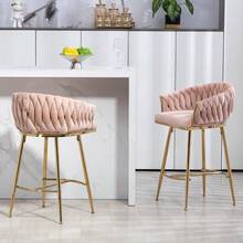26'' Counter Height Bar Stools Velvet Kitchen Island Counter Bar Stool With Hand- Wave Back,Golden Chromed Base And Footrest(PINK) - 1 - Xem 11